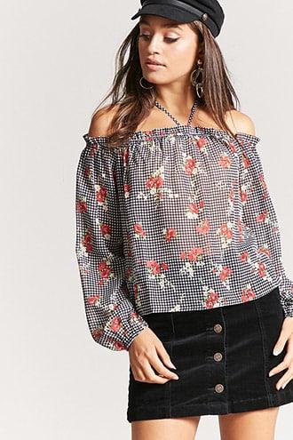Forever21 Sheer Gingham Floral Top