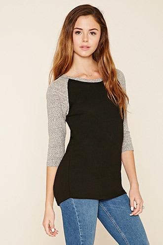 Forever21 Women's  Black & Heather Grey Slub Knit Baseball Tee
