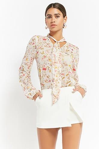 Forever21 Tie-neck Floral Print Top