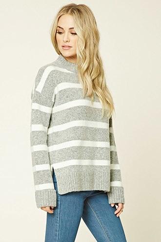Love21 Women's  Heather Grey & Cream Contemporary Striped Sweater