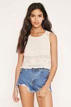 Forever21 Women's  Beige Fringe-hem Embroidered Boxy Top