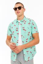 Forever21 Fitted Flamingo Print Slub Woven Shirt