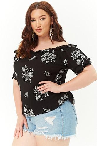 Forever21 Plus Size Floral Embroidered Off-the-shoulder Peasant Top
