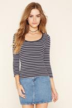 Forever21 Women's  Navy & Cream Striped Ribbed Knit Top