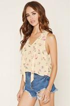 Forever21 Women's  Light Yellow Floral Print Tie-neck Top