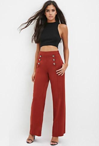 Forever21 Women's  Sailor-buttoned Wide-leg Trousers (rust)