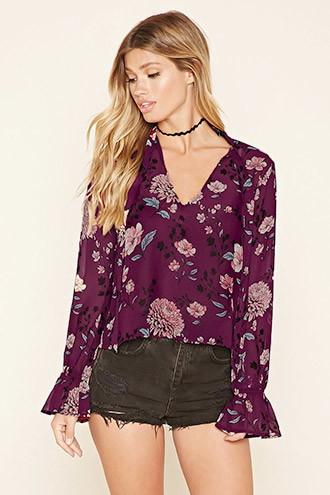 Forever21 Women's  Floral Self-tie Blouse