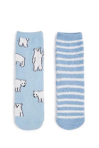 Forever21 Striped & Polar Bear Print Plush Crew Socks - 2 Pack