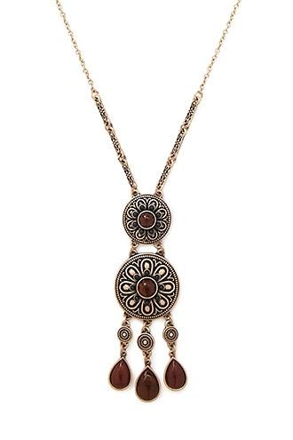 Forever21 Antique Gold & Brick Etched Flower Pendant Necklace