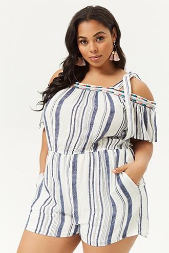 Forever21 Plus Size Striped Open-shoulder Romper