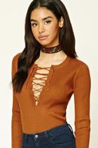 Forever21 Women's  Camel Lace-up Sweater Top