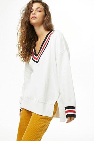 Forever21 Striped-trim V-neck Pullover