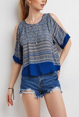 Forever21 Women's  Ornate Print Open-shoulder Top (brown/blue)