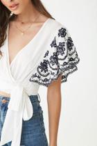 Forever21 Floral-embroidered Surplice Crop Top