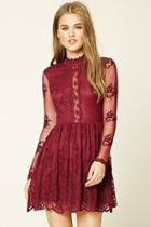 Forever21 Women's  Wine Floral Lace Skater Dress