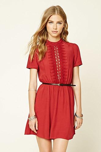 Forever21 Women's  Red Crochet-paneled Dress
