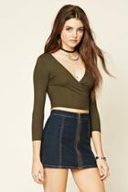 Forever21 Women's  Olive Ribbed Surplice Crop Top