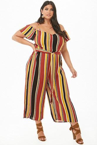 Forever21 Plus Size Striped Open-shoulder Palazzo Jumpsuit