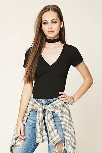 Forever21 Women's  Ribbed V-neck Tee