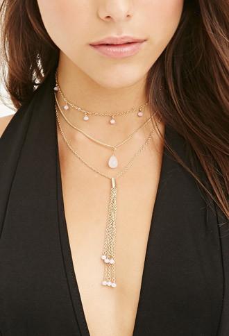Forever21 Faux Stone Necklace Set (antic Gold/pink)