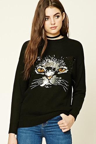 Forever21 Women's Sequin Cat Sweater