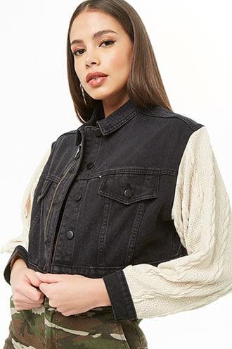 Forever21 Cable Knit-sleeve Denim Jacket
