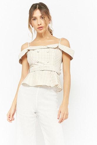 Forever21 Gingham Open-shoulder Double-breasted Top
