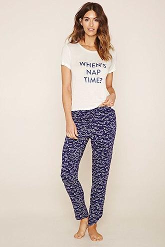 Forever21 Women's  Cream & Blue Nap Time Pj Set