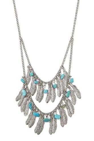 Forever21 Turquoise & Antique Silver Feather Layered Necklace