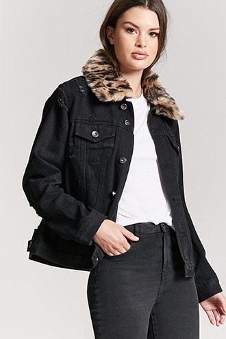 Forever21 Faux-fur Distressed Denim Jacket