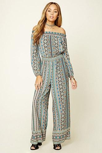 Forever21 Women's Black & Teal Ornate Print Jumpsuit