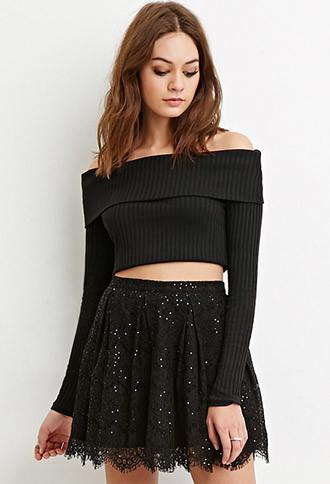 Forever21 Women's  Black Sequined Eyelash Lace Skirt