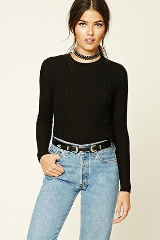 Love21 Women's  Black Contemporary Ribbed Sweater