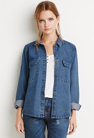 Forever21 Women's  Dark Denim Classic Denim Shirt