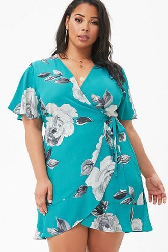 Forever21 Plus Size Floral Surplice Ruffle-trim Wrap Mini Dress