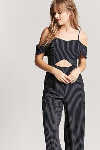 Forever21 Open-shoulder Pinstripe Jumpsuit