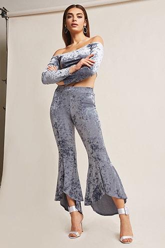 Forever21 Crushed Velvet Crop Top And Flare Pants Set
