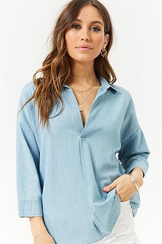 Forever21 Split-neck Chambray Top