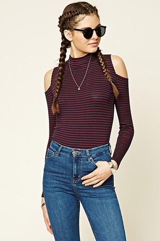 Forever21 Women's  Navy & Burgundy Striped Open-shoulder Top