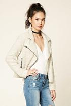 Forever21 Women's  Oatmeal Loop-knit Moto Jacket