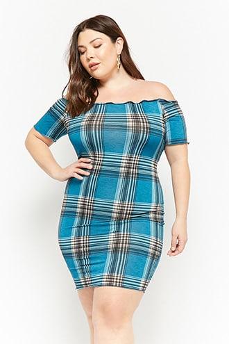Forever21 Plus Size Plaid Lettuce-edge Off-the-shoulder Dress