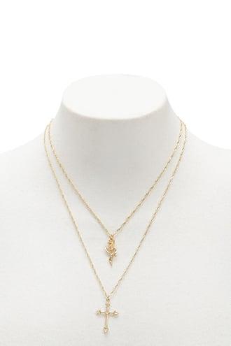 Forever21 Rose & Cross Charm Necklace Set