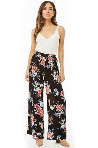 Forever21 Crinkled Floral High-waist Pants