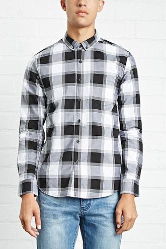 21 Men Men's  White & Black Cotton Plaid Shirt