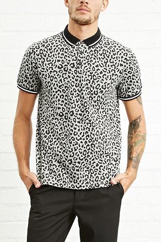 21 Men Men's  Leopard Print Polo Shirt