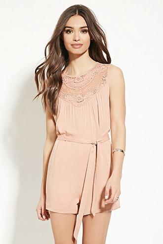 Forever21 Women's  Dusty Pink Crochet-paneled Romper