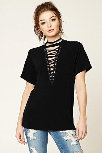 Forever21 Women's  Black Lace-up Boxy French Terry Top