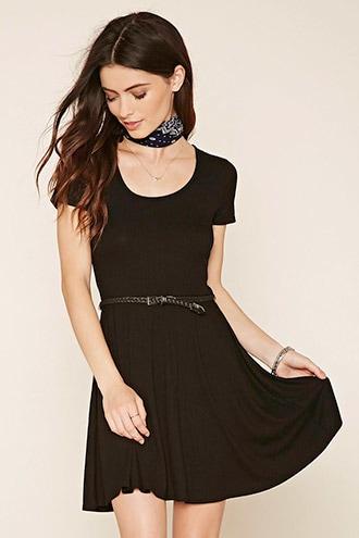 Forever21 Women's  Black Belted Skater Dress