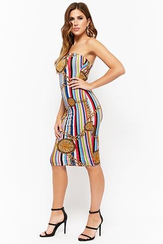 Forever21 Multicolor Striped Chain Baroque Tube Bodycon Dress