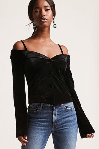 Forever21 Velvet Open-shoulder Button Down Top